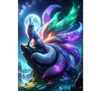 GDYEEH DIY 5D Nine-tailed Fox Diamond Art Kits, Fox Round Full Drill Sparkling Diamond Painting Picture, Moon Diamond Painting Art Kits Craft for Adults Beginners, Home Wall Decor 12x16 inch