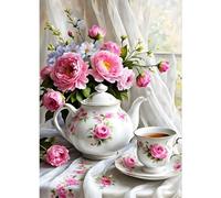 GDYEEH Teapot Diamond Painting Kits Adults, 5D Peonies Diamond Art Pictures Beginners, DIY Round Full Drill Flowers Diamond Painting Embroidery Gifts Home Wall Decor 30 x 40 cm