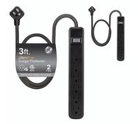 GE UltraPro 6-Outlet Surge Protector, 2 Pack, 3ft Braided Cord Power Strip Surge Protector, Surge Protector Power Strip, 450 Joules, Black, 74544