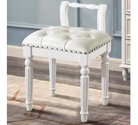 ge White Rustic Makeup Stool - Upholstered Leather Button Tufted Solid Wood Carving Low Back Design for Bedroom & Dining Room Accent Furniture Stylish ty Seating