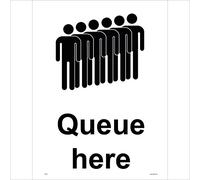 GE130 Queue Here Sign Workplace Shop line up Waiting Concert Venue gig Sale 150mm x 200mm Sticker/Sav - White Background
