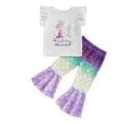Geagodelia 1st 2nd 3rd 4th First Birthday Outfit for Kids Toddler Baby Girls Summer Ruffled Sleeve Top and Mermaid Pattern Flared Trousers Clothes Set Cute Cake Smash Outfits (White, 1 Year)
