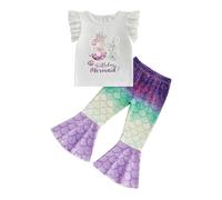 Geagodelia 1st 2nd 3rd 4th First Birthday Outfit for Kids Toddler Baby Girls Summer Ruffled Sleeve Top and Mermaid Pattern Flared Trousers Clothes Set Cute Cake Smash Outfits (White, 3 Years)
