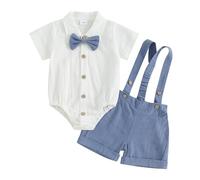 Geagodelia 2Pcs Baby Boy Clothes Outfit Set Newborn Clothing Short Sleeve Bodysuit Romper + Suspender Shorts Spring Summer Baby Grows 0-24 Months (Blue, 3-6 Months)