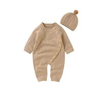 Geagodelia 2Pcs Baby Boy Girl Knit Romper with Hat Solid Color Sweater Bodysuits Button-up Long Sleeve Knitted Jumpsuit Jumper Winter Warm Knitwear Snowsuit 0-18 Months (Khaki, 0-3 Months)