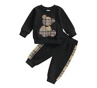 Geagodelia 2Pcs Baby Boy Girl Outfit Checked Bear Clothes Set Newborn Clothing Sweatshirt Long Sleeve Top + Pants Autumn Winter Baby Grows 0-24 Months (Black, 12-18 Months)