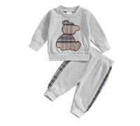 Geagodelia 2Pcs Baby Boy Girl Outfit Checked Bear Clothes Set Newborn Clothing Sweatshirt Long Sleeve Top + Pants Autumn Winter Baby Grows 0-24 Months (Grey, 0-3 Months)