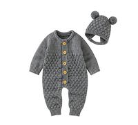 Geagodelia 2Pcs Baby Boy Girl Sweater Romper with Bear Hat Solid Color Knitted Bodysuits Button-up Long Sleeve Knit Jumpsuit Jumper Winter Warm Knitwear Snowsuit 0-18 Months (Grey, 0-3 Months)