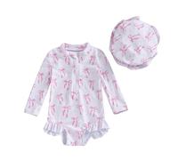 Geagodelia 2Pcs Toddler Baby Girl Swimsuit Rompers Set Long Sleeve Floral Print Rash Guard Ruffles Zip Up Bathing Suit UV UPF50+ Sunsuit Jumpsuit Swimwear with Swim Hat (E-Ivory, 6-12 Months)