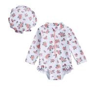 Geagodelia 2Pcs Toddler Baby Girl Swimsuit Rompers Set Long Sleeve Floral Print Rash Guard Ruffles Zip Up Bathing Suit UV UPF50+ Sunsuit Jumpsuit Swimwear with Swim Hat (C-White, 3-6 Months)