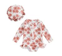 Geagodelia 2Pcs Toddler Baby Girl Swimsuit Rompers Set Long Sleeve Floral Print Rash Guard Ruffles Zip Up Bathing Suit UV UPF50+ Sunsuit Jumpsuit Swimwear with Swim Hat (Ba-Pink, 2-3 Years)