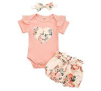 Geagodelia 3Pcs Baby Girl Clothes Heart Outfit Set Newborn Clothing Short Sleeve Bodysuit Romper + Floral Shorts + Headband Spring Summer Baby Grows 0-18 Months (Pink, 12-18 Months)