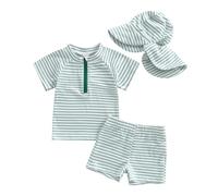 Geagodelia 3Pcs Toddler Baby Boys Swimsuit Set Short Sleeve Rash Guard Swimwear Marine Animal Print Zipper Shirt Bathing Suit and Swim Trunks Shorts UPF50 with Sun Hat (N-Green, 3-4 Years)