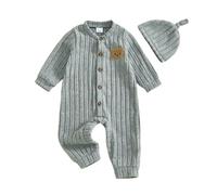 Geagodelia Baby Boy Bear Embroidery Bodysuits with Hat Infant Boys Fleece Plush Full Length Jumpsuits Long Sleeve Romper Pants Button Down Playsuit Newborn One Piece Outfits