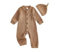 Geagodelia Baby Boy Bear Embroidery Bodysuits with Hat Infant Boys Fleece Plush Full Length Jumpsuits Long Sleeve Romper Pants Button Down Playsuit Newborn One Piece Outfits (Khaki, 6-9 Months)
