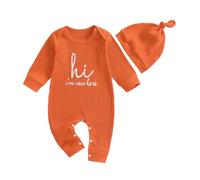 Geagodelia Baby Boy Bodysuit 3-6 Months Infant Boys Full Length Jumpsuit 6-12 Months Long Sleeve Crew Neck Letter Print Cotton Romper with Hat One-Piece Outfits 0-3 Months (Orange, 6-12 Months)