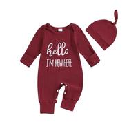 Geagodelia Baby Boy Cotton Clothes Hello Im New Here Embroidered Long Sleeve One Piece Outfit with Hat (Red, 0-3 Months)