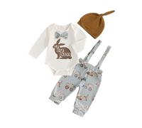 Geagodelia Baby Boy Easter Bunny Outfit Clothing Set Newborn Clothes Bodysuit Romper + Suspender Pants + Hat 0-18 Months Baby Grows My First Easter (B - Beige, 12-18 Months)