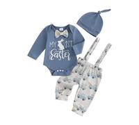 Geagodelia Baby Boy Easter Bunny Outfit Clothing Set Newborn Clothes Bodysuit Romper + Suspender Pants + Hat 0-18 Months Baby Grows My First Easter (B - Blue, 0-3 Months)
