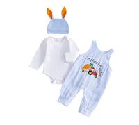 Geagodelia Baby Boy Easter Bunny Outfit My First Easter Baby Grows Long Sleeve Bodysuit Top + Jumpsuit + Hat Newborn Clothes Set White & Blue (Tractor, 12-18 Months)