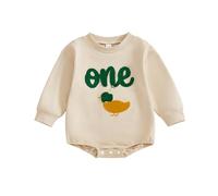 Geagodelia Baby Boy First Birthday Outfits Infant Boys Full Length Jumpsuit Long Sleeve Crewneck Embroidery Duck Letters Bodysuit One-Piece Romper 1st Birthday Outfits (Khaki, 12-18 Months)