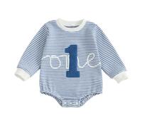 Geagodelia Baby Boy First Birthday Sweatshirt Romper 6-12 Months Striped Long Sleeve Number Embroidery Bodysuit 12-18 Months Infant Boys Jumpsuit 1st Birthday Outfit (Blue, 12-18 Months)