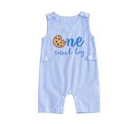 Geagodelia Baby Boy Half/First Birthday Overalls Romper Cookie Letter Embroidery Sleeveless Tank Bodysuit One Piece Suspender Shorts Jumpsuit 1st Birthday Outfit for Boys (Blue One, 6-12 Months)