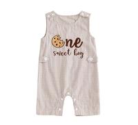 Geagodelia Baby Boy Half/First Birthday Overalls Romper Cookie Letter Embroidery Sleeveless Tank Bodysuit One Piece Suspender Shorts Jumpsuit 1st Birthday Outfit for Boys (Coffee One, 12-18 Months)