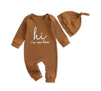 Geagodelia Baby Boy Romper + Hat Baby Grows Newborn Clothes Outfit One Piece Autumn Spring Jumpsuit Overall (Hi I'm New Here - Brown, 0-3 Months)