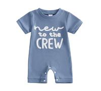 Geagodelia Baby Boy Short Romper I'm New Baby Grows Newborn Clothes Outfit One Piece Spring Summer Jumpsuit Overall (New to The Crew - Blue, 9-12 Months)