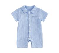 Geagodelia Baby Boy Solid Color Bodysuits with Chest Pocket Infant Boys Full Length Jumpsuits Lapel Neck Short Sleeve Romper Shorts Button Down Playsuit One Piece Outfits