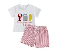 Geagodelia Baby Boy Summer Outfits Little Kids Boys Clothes Set Short Sleeve Lobster Corn Embroidery T-shirt+Elastic Shorts (Red, 18-24 Months)