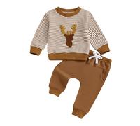 Geagodelia Baby Boy Tracksuit 18-24 Months Long Sleeve Deer Head Embroidery Sweatshirt Pullover with Elastic Waist Solid Color Pants Sets 2Pcs Toddler Boys Outfits 2-3 Years (Khaki, 12-18 Months)