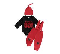 Geagodelia Baby Boys Valentines Outfit Baby Grows Newborn Clothes Set Long Sleeve Bodysuit Romper + Suspender Pants + Hat My First Valentine's Day Clothing (Black 55 - Lover Boy, 6-12 Months)