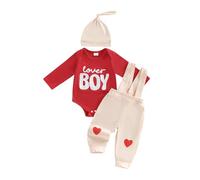 Geagodelia Baby Boys Valentines Outfit Baby Grows Newborn Clothes Set Long Sleeve Bodysuit Romper + Suspender Pants + Hat My First Valentine's Day Clothing (Red 55 - Lover Boy, 3-6 Months)