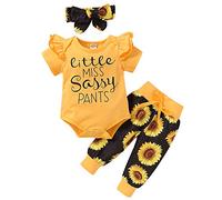 Geagodelia Baby Girl Clothing Outfit Set Newborn Toddler Sunflower Clothes Bodysuit Top + Pants Shorts + Headband Little Miss Sassy Pants 0-24M (12-18 Months, Yellow & Black 41A)