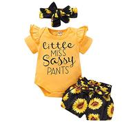 Geagodelia Baby Girl Clothing Outfit Set Newborn Toddler Sunflower Clothes Bodysuit Top + Pants Shorts + Headband Little Miss Sassy Pants 0-24M (12-18 Months, Yellow & Black 41B)