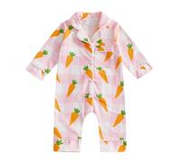 Geagodelia Baby Girl Easter Outfit Bunny Carrot Print Long Sleeve Button Up One Piece Summer Clothes (Carrot Plaid Rose, 0-3 Months)