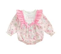 Geagodelia Baby Girl First Birthday Outfit Romper Ruffled Long Sleeve Bodysuit 12-18 Months Goose Floral Letter Print Bubble Jumpsuit 6-12 Months Infant Girls 1st Birthday Clothes