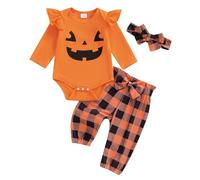 Geagodelia Baby Girl Halloween Clothing Outfit Set Newborn Toddler Pumpkin Clothes Grows Bodysuit Top + Trousers + Headband My First Halloween (F - Orange, 3-6 Months)