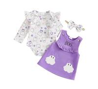 Geagodelia Baby Girl Halloween Outfit Clothes Set Newborn Pumpkin Ghost Clothing Baby Grows Bodysuit Top + Overall Dress My First Halloween (Boo - Purple, 3-6 Months)
