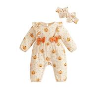 Geagodelia Baby Girl Halloween Pumpkin Romper + Headband Baby Grows Newborn Clothing Outfit One Piece Jumpsuit Overall My First Halloween (Apricot, 9-12 Months)