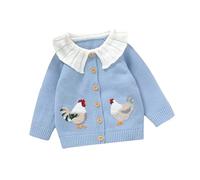 Geagodelia Baby Girl Knit Cardigan Doll Collar Knitted Crochet Button Tops Fall Winter Warm Sweater Coat Chicken Embroidery Clothes (Blue, 9-12 Months)