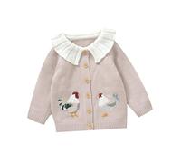 Geagodelia Baby Girl Knit Cardigan Doll Collar Knitted Crochet Button Tops Fall Winter Warm Sweater Coat Chicken Embroidery Clothes (Light Pink, 2-3 Years)