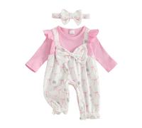 Geagodelia Baby Girl Long Sleeve Bodysuits Bow/Strawberry/Floral Print Fake Two Pieces Button Down Romper Infant Girls Full Length Jumpsuits with Bow Headband One Piece Outfits