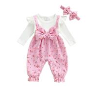 Geagodelia Baby Girl Long Sleeve Bodysuits Flower Pattern Fake Two Pieces Button Down Romper Long Pants Infant Girls Full Length Jumpsuits with Headband One Piece Outfits (Rose, 6-9 Months)