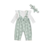 Geagodelia Baby Girl Long Sleeve Bodysuits Flower Pattern Fake Two Pieces Button Down Romper Long Pants Infant Girls Full Length Jumpsuits with Headband One Piece Outfits (Green, 6-9 Months)