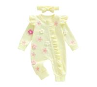 Geagodelia Baby Girl Long Sleeve Bodysuits with Bow Headband 3D Flower Embroidery Zip Up Ruffle Romper Pants Infant Girls Full Length Jumpsuits Playsuit One Piece Outfits (Yellow, 6-12 Months)