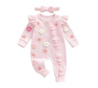 Geagodelia Baby Girl Long Sleeve Bodysuits with Bow Headband 3D Flower Embroidery Zip Up Ruffle Romper Pants Infant Girls Full Length Jumpsuits Playsuit One Piece Outfits (Pink, 6-12 Months)