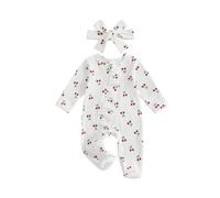 Geagodelia Baby Girl Long Sleeve Footies Long Sleeve Cherry Print Bodysuits Zip Up Ruffled Romper Infant Girls Full Length Jumpsuits with Headband One Piece Outfits 0-12 Months (White, 0-3 Months)